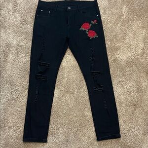 Men’s slim fit ripped Black Jeans with Red Rose Embroidery